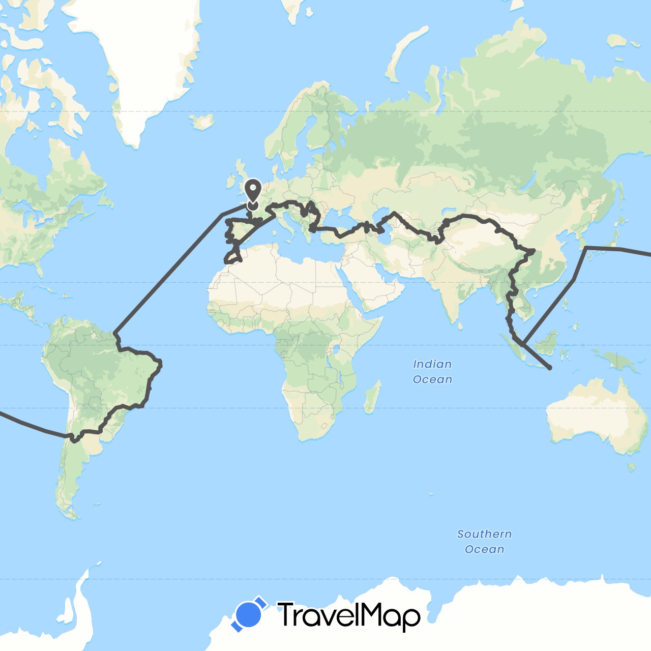 TravelMap itinerary: driving, motorbike in Andorra, Armenia, Argentina, Austria, Azerbaijan, Bulgaria, Brazil, Switzerland, Chile, China, Germany, Spain, France, Georgia, Gibraltar, Greece, Hungary, Indonesia, Italy, Kyrgyzstan, South Korea, Kazakhstan, Laos, Liechtenstein, Morocco, Malaysia, Portugal, Paraguay, Romania, Serbia, Slovakia, Thailand, Tajikistan, Turkey, Ukraine, Uruguay, Uzbekistan (Africa, Asia, Europe, South America)